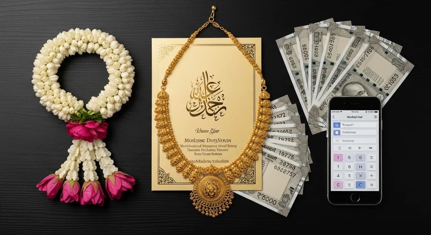 Budget planning setup for a Kerala Muslim wedding with gold jewellery and wedding invitation cards