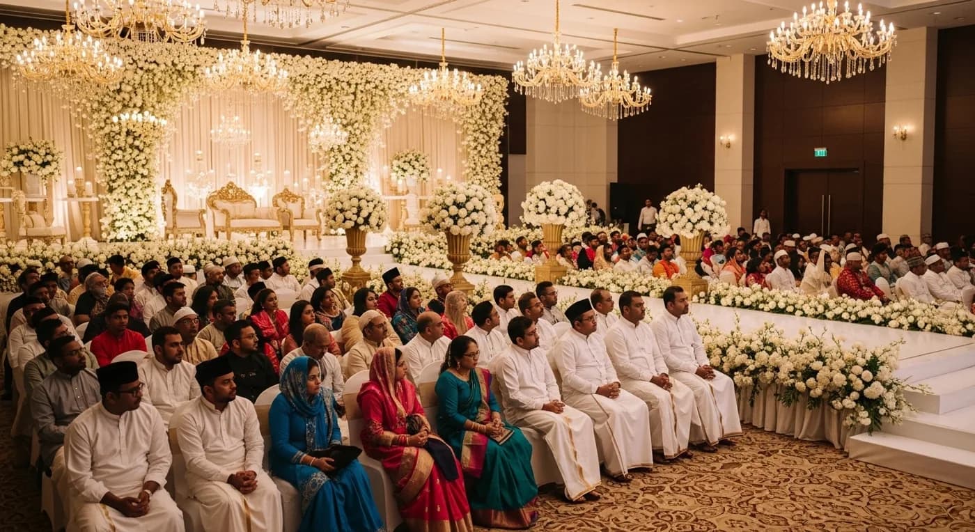 Beautifully decorated Muslim wedding ceremony hall in Kerala with floral arrangements and traditional elements
