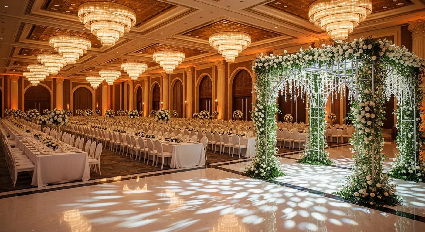 Large convention centre decorated for a Muslim wedding in Kerala