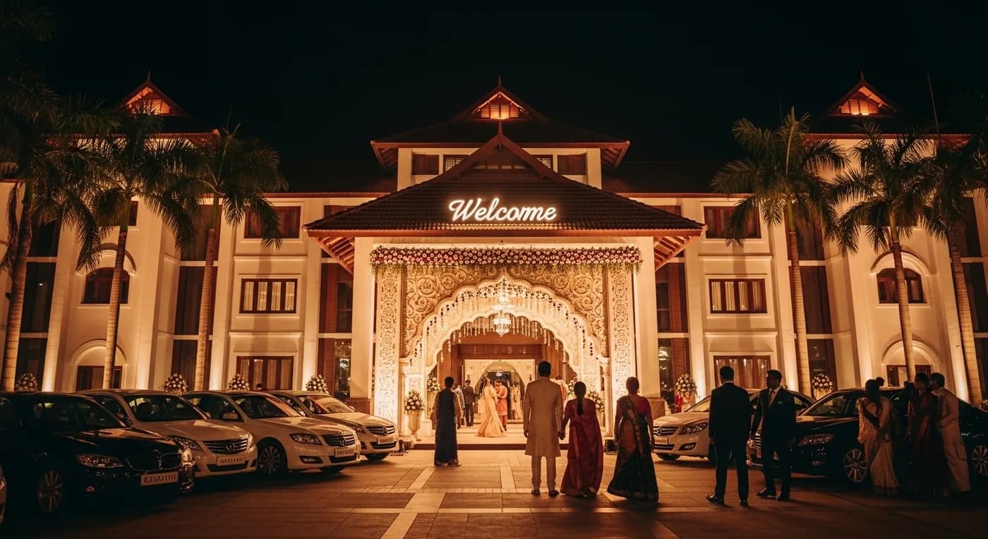 Grand convention centre decorated for a Muslim wedding in Kerala with floral arches and stage lighting