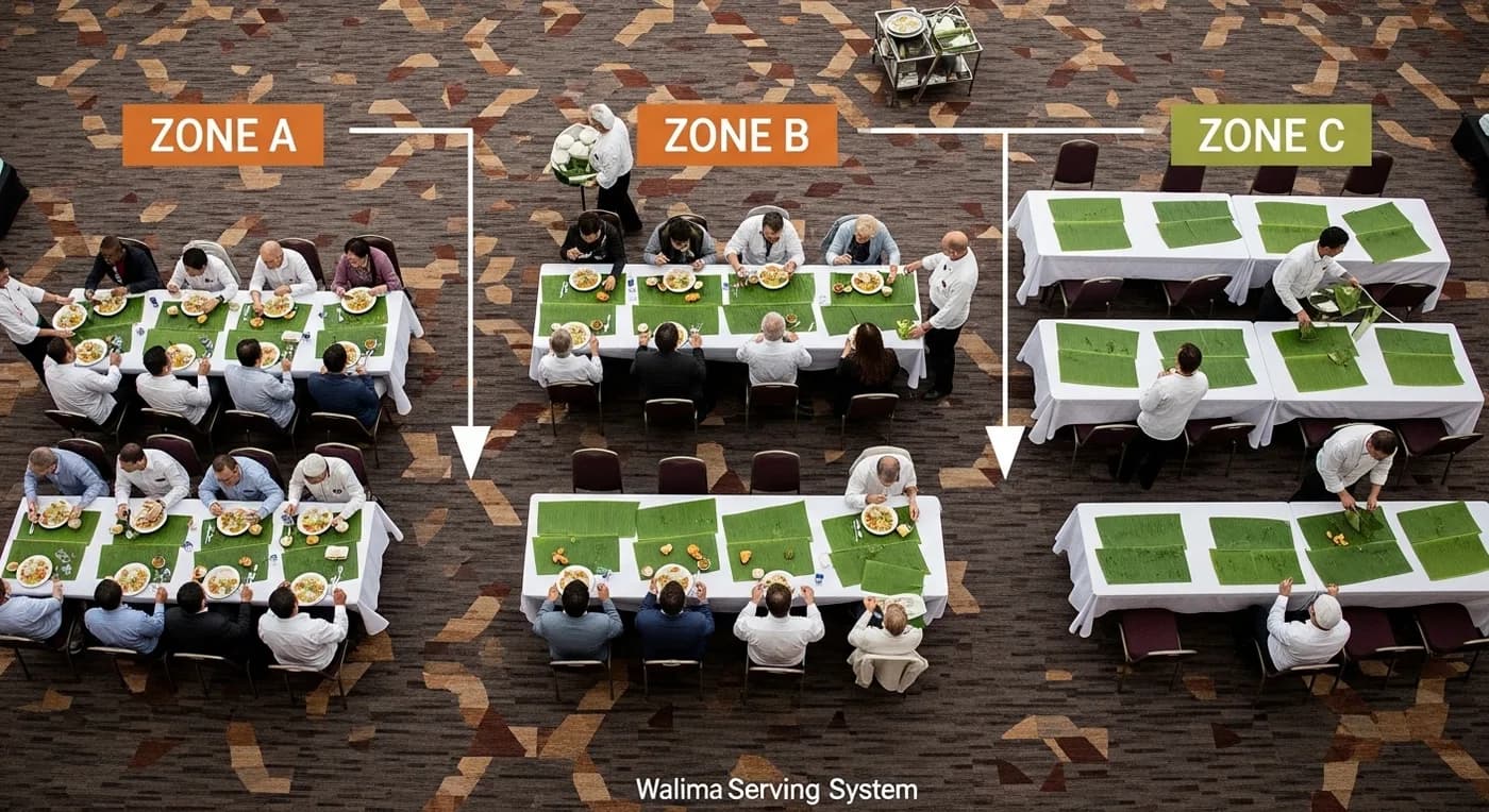 Diagram of batch serving flow at a large Kerala Muslim wedding Walima feast