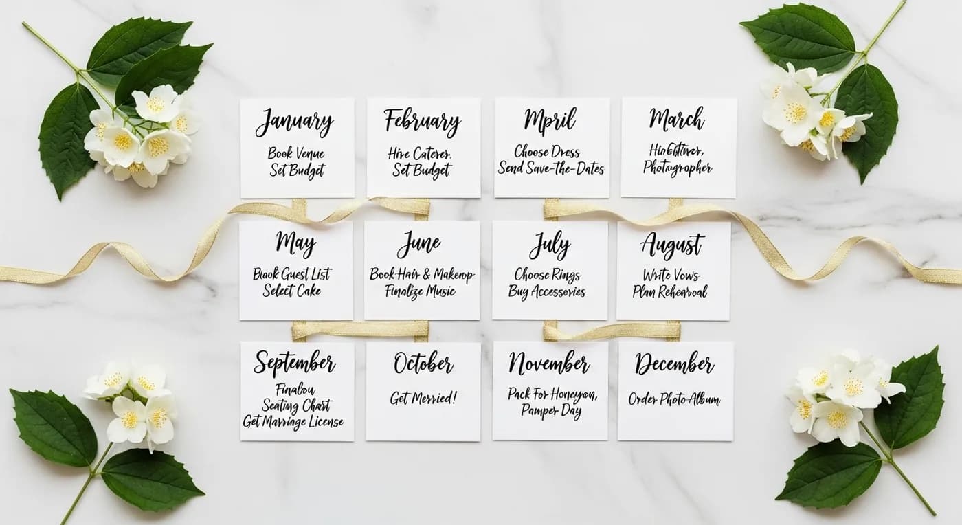 Month-by-month wedding planning timeline infographic for Kerala Muslim weddings