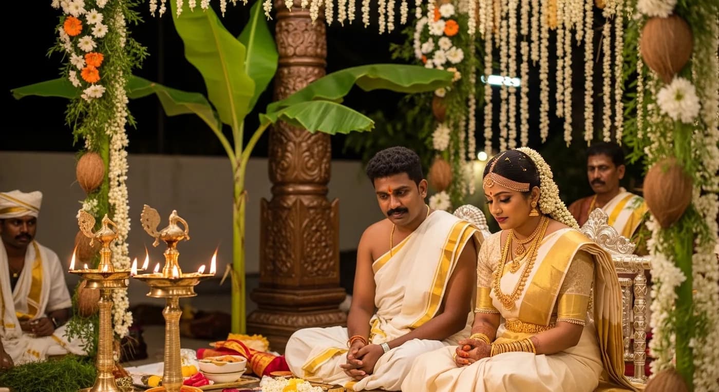 Traditional Kerala Nair wedding ceremony with bride in kasavu saree and groom in mundu at decorated mandapam