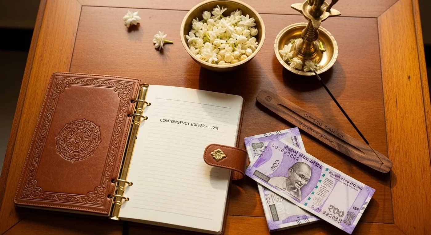 NRI couple reviewing a 14-day Kerala wedding trip itinerary on a Kochi hotel balcony