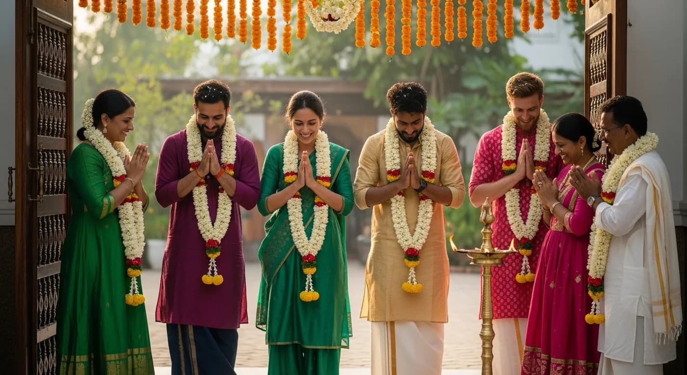 American and British guests being welcomed with jasmine garlands at a South Indian wedding in Kerala