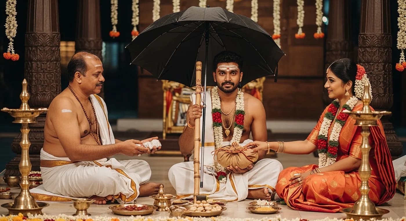 Gulf Malayali couple at their Kozhikode wedding reception with traditional Kerala nilavilakku and jasmine decor