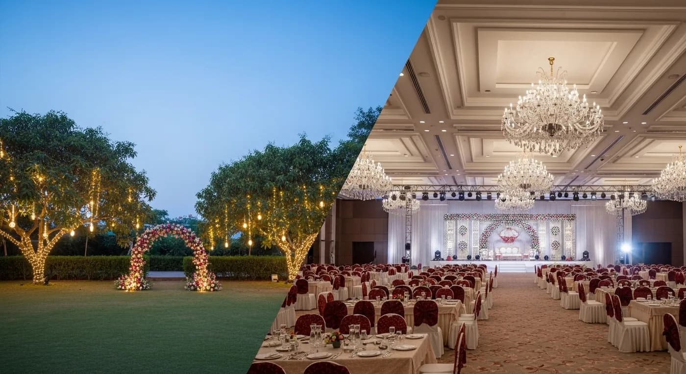 Split comparison of an outdoor garden wedding and an indoor hall wedding in Hyderabad
