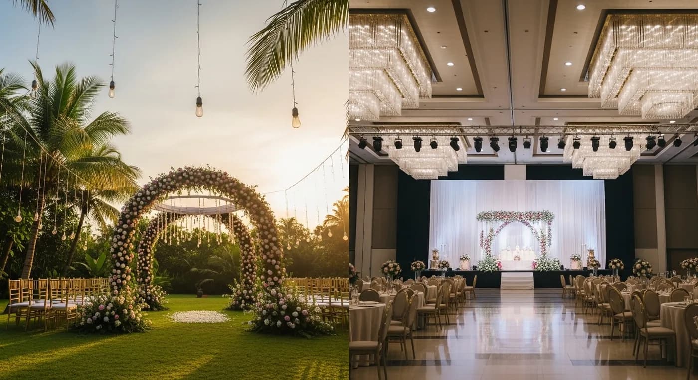 Split view of an outdoor garden wedding and an indoor convention centre wedding in Kerala