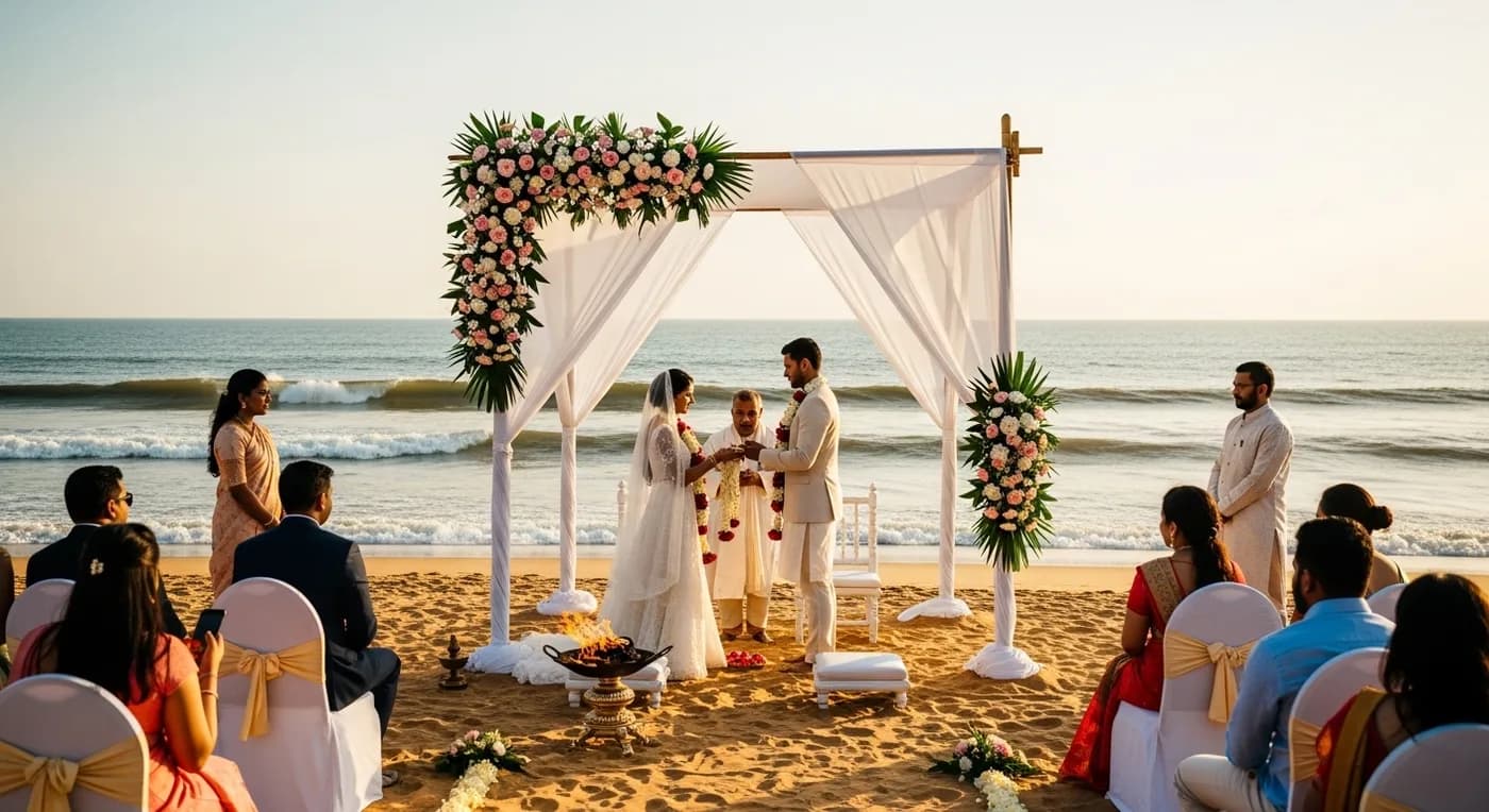 Beach wedding mandap decorated with white flowers at sunset on Pondicherry coastline