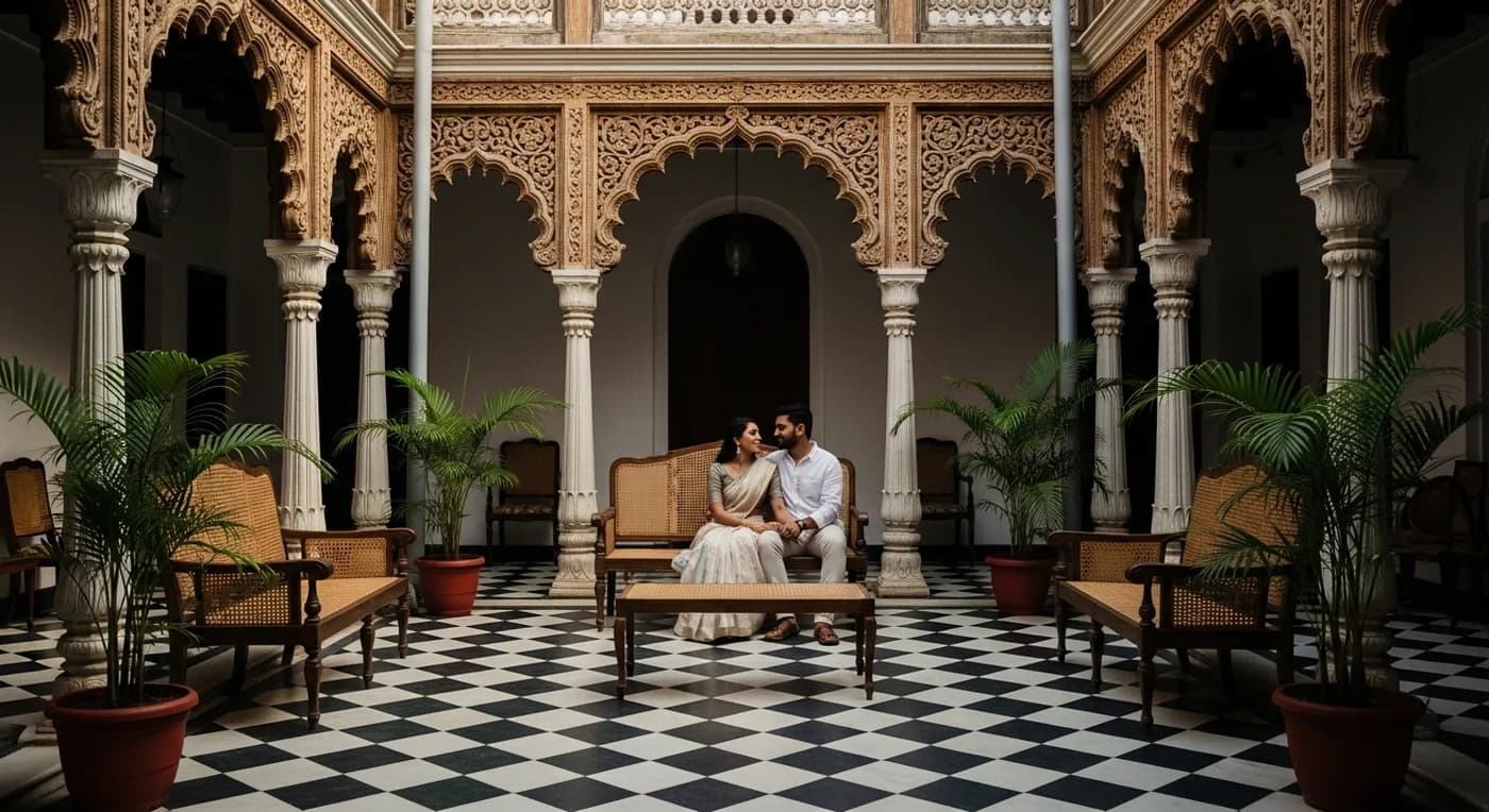 Heritage hotel courtyard with checkered tiles and colonial arches used for pre-wedding photography in Pondicherry