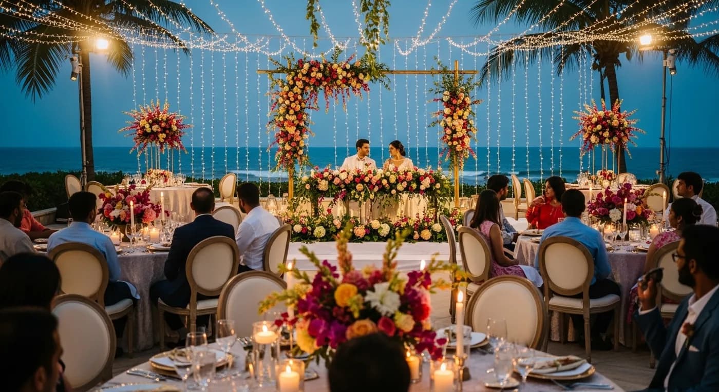 Elegant wedding reception at a Pondicherry beach resort with fairy lights and floral decorations