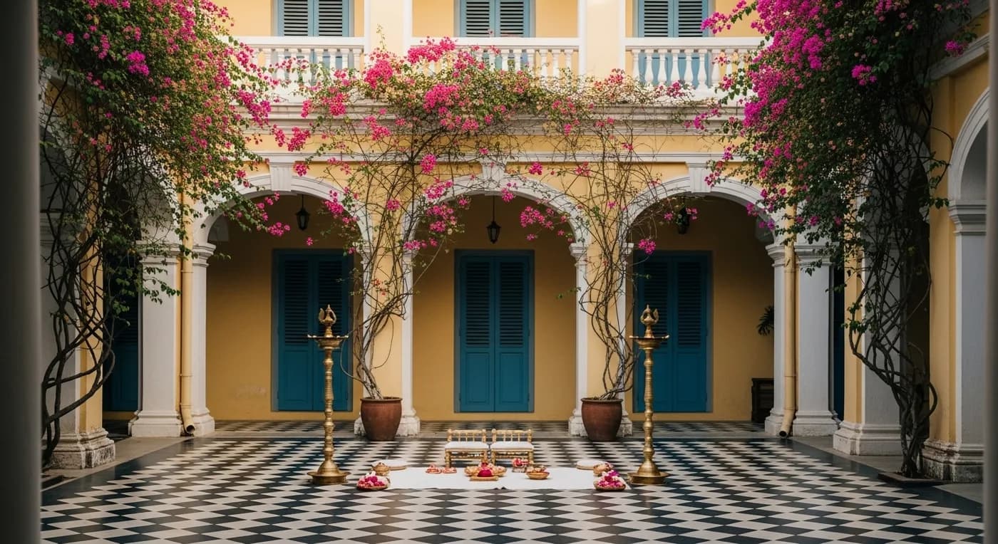Pondicherry French Quarter courtyard decorated for a wedding ceremony with bougainvillea and brass lamps