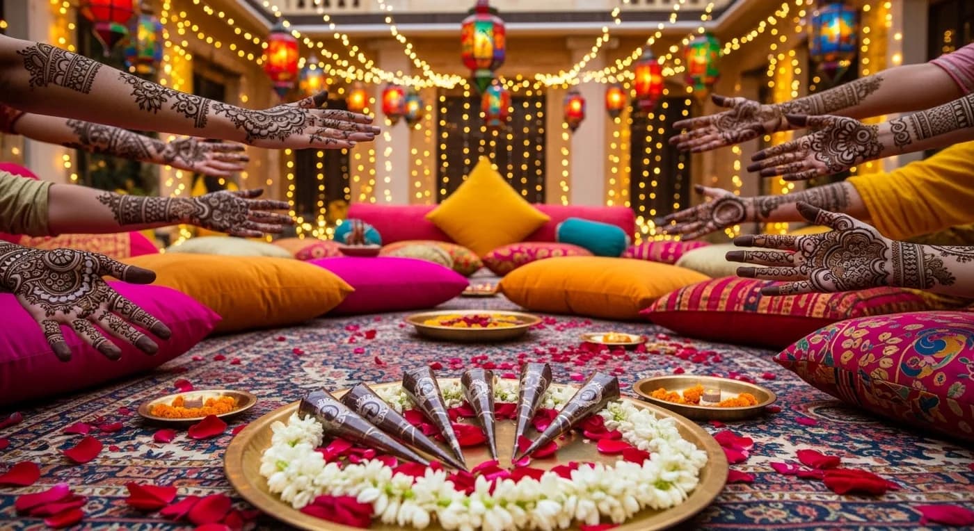 Colourful Hyderabad pre-wedding Mehendi ceremony with traditional henna designs