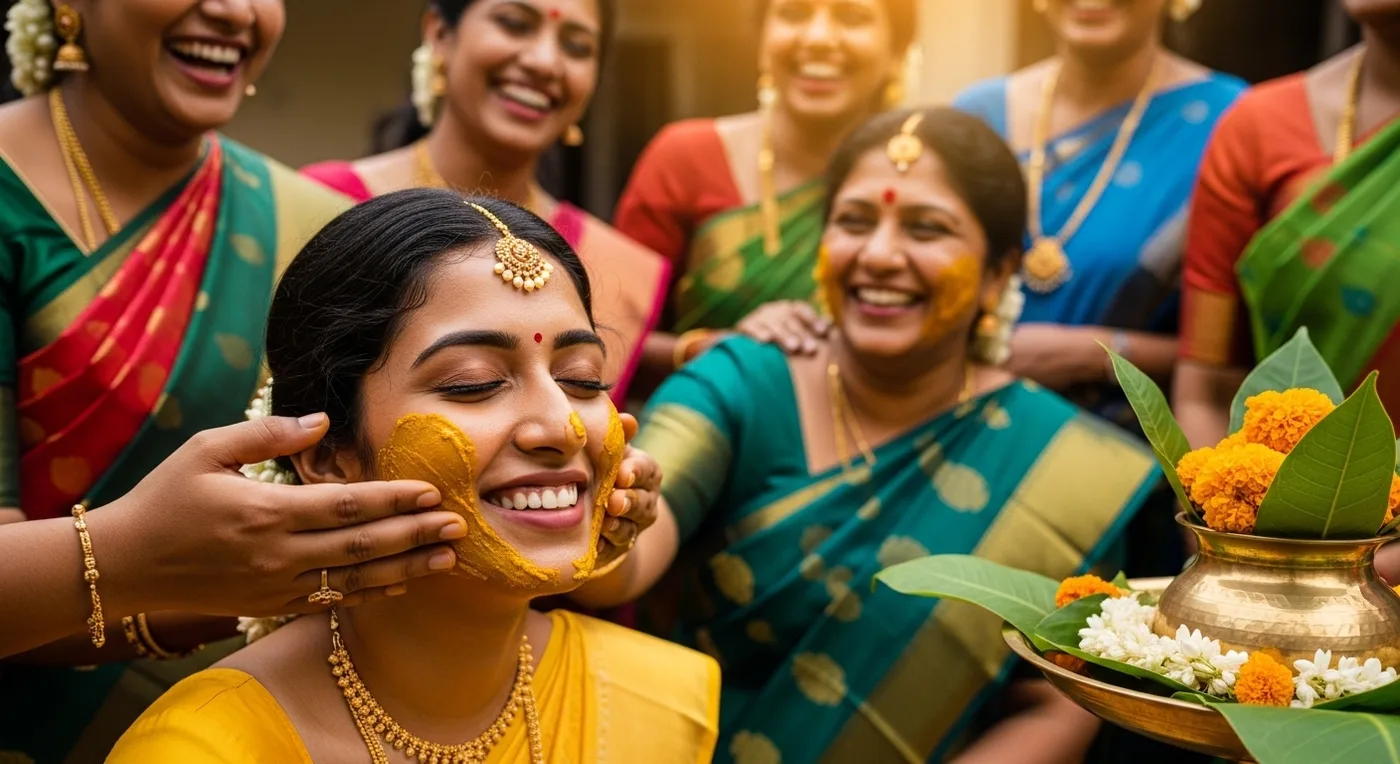 Pre-wedding rituals in Kerala featuring a traditional Mehendi ceremony with henna designs