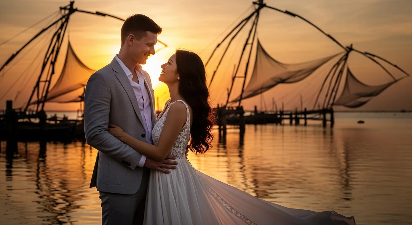 Couple posing near Chinese fishing nets at Fort Kochi during a sunset pre-wedding shoot