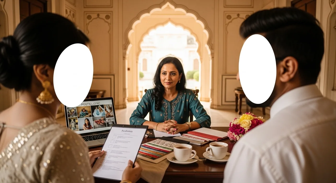 Couple reviewing a wedding vendor checklist at a heritage venue in Hyderabad with a Nizami-style arch in the background