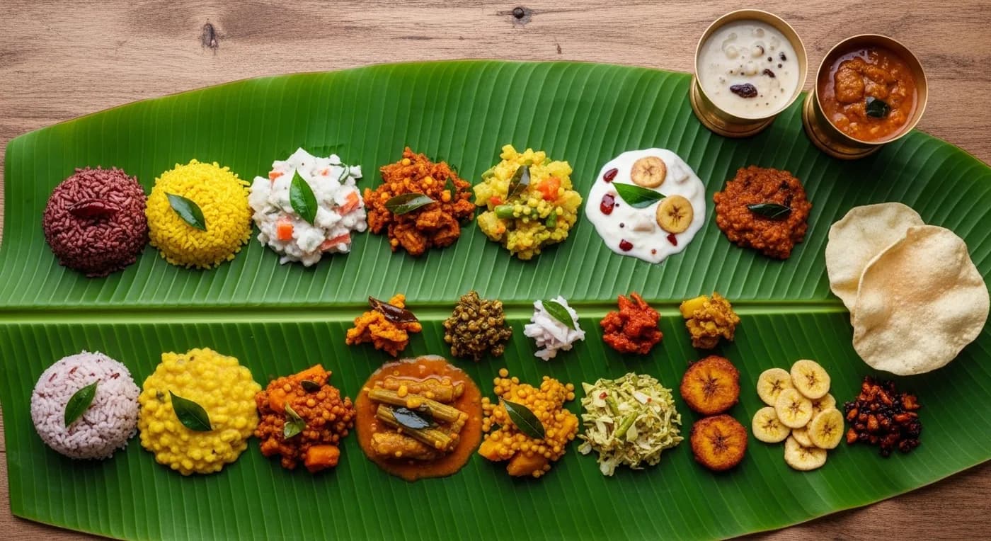 Traditional Kerala wedding sadhya served on banana leaf with full spread of dishes