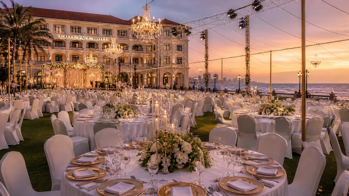 Luxury wedding venue setup at Galle Face Hotel Colombo with Indian Ocean view