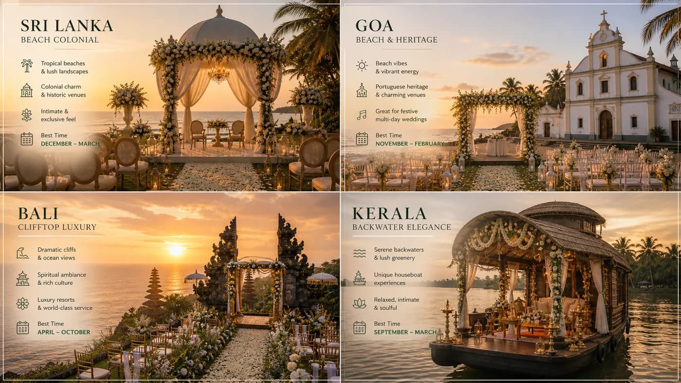 Four-way destination wedding comparison infographic showing Sri Lanka, Goa, Bali and Kerala