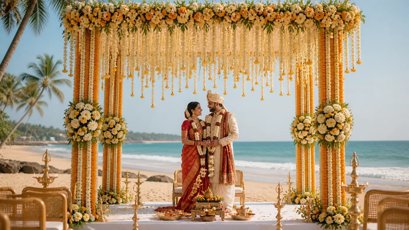 Sri Lanka beach wedding setup with floral mandap and ocean backdrop, Indian couple