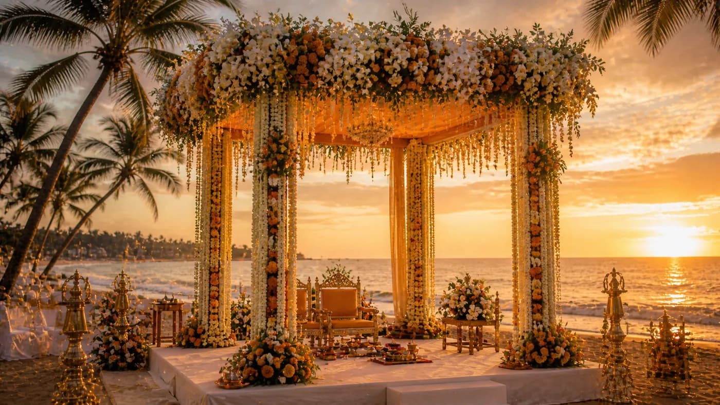 Indian wedding mandap on a Sri Lankan beach at golden hour with palm trees and the Indian Ocean