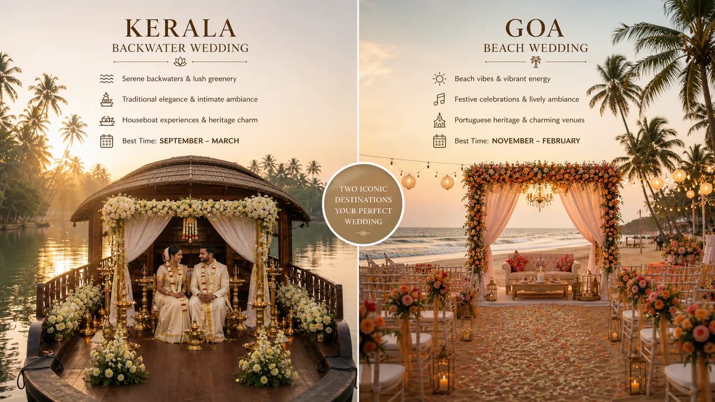 Kerala backwater wedding ceremony compared with Goa beach wedding setup
