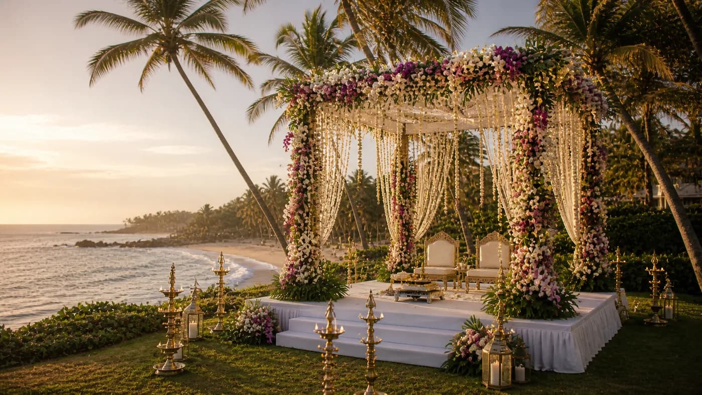 Anantara Tangalle beach wedding mandap with palm-fringed sand and Indian Ocean backdrop