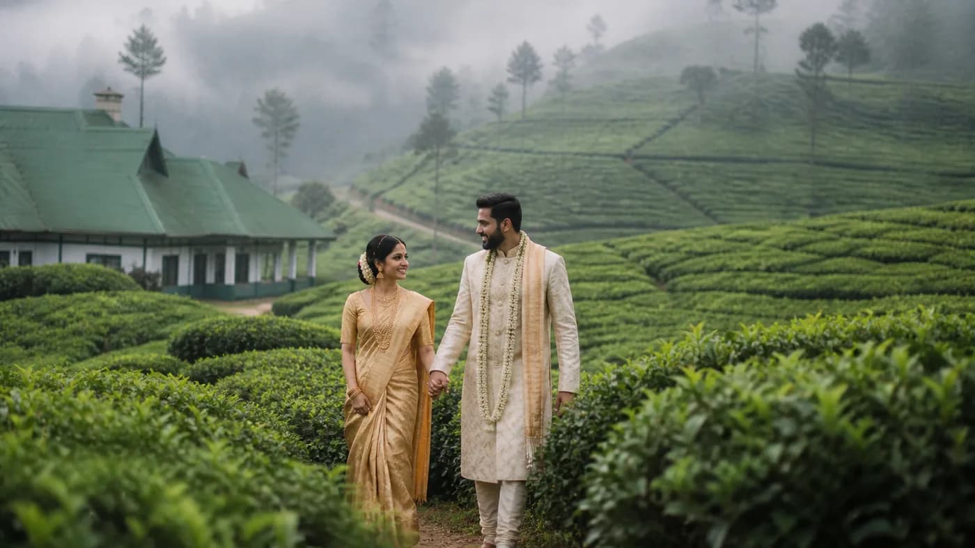 April shoulder month wedding at a Sri Lanka tea estate with mist over the green hills and a couple walking through the plantation