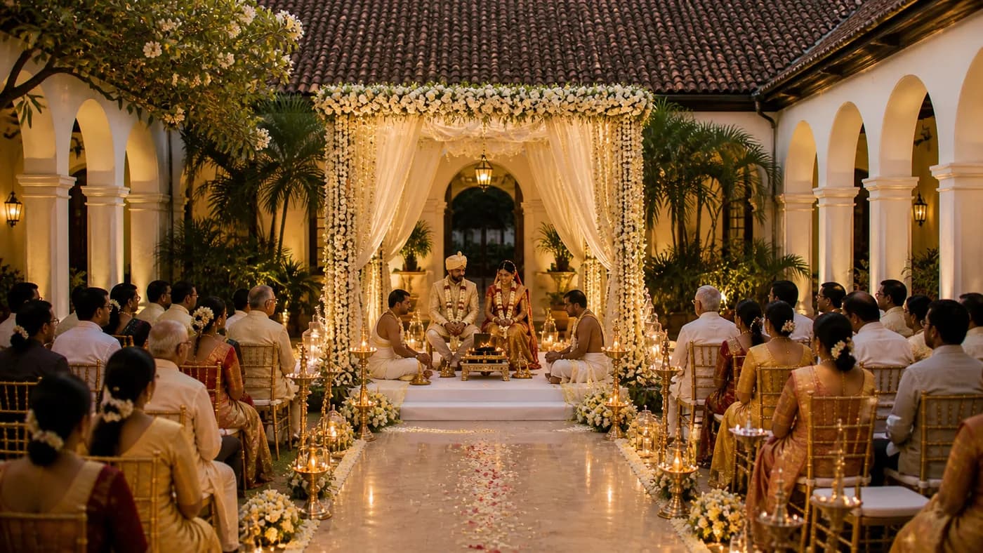 Indian beach wedding ceremony at sunset on Bentota beach Sri Lanka with floral mandap
