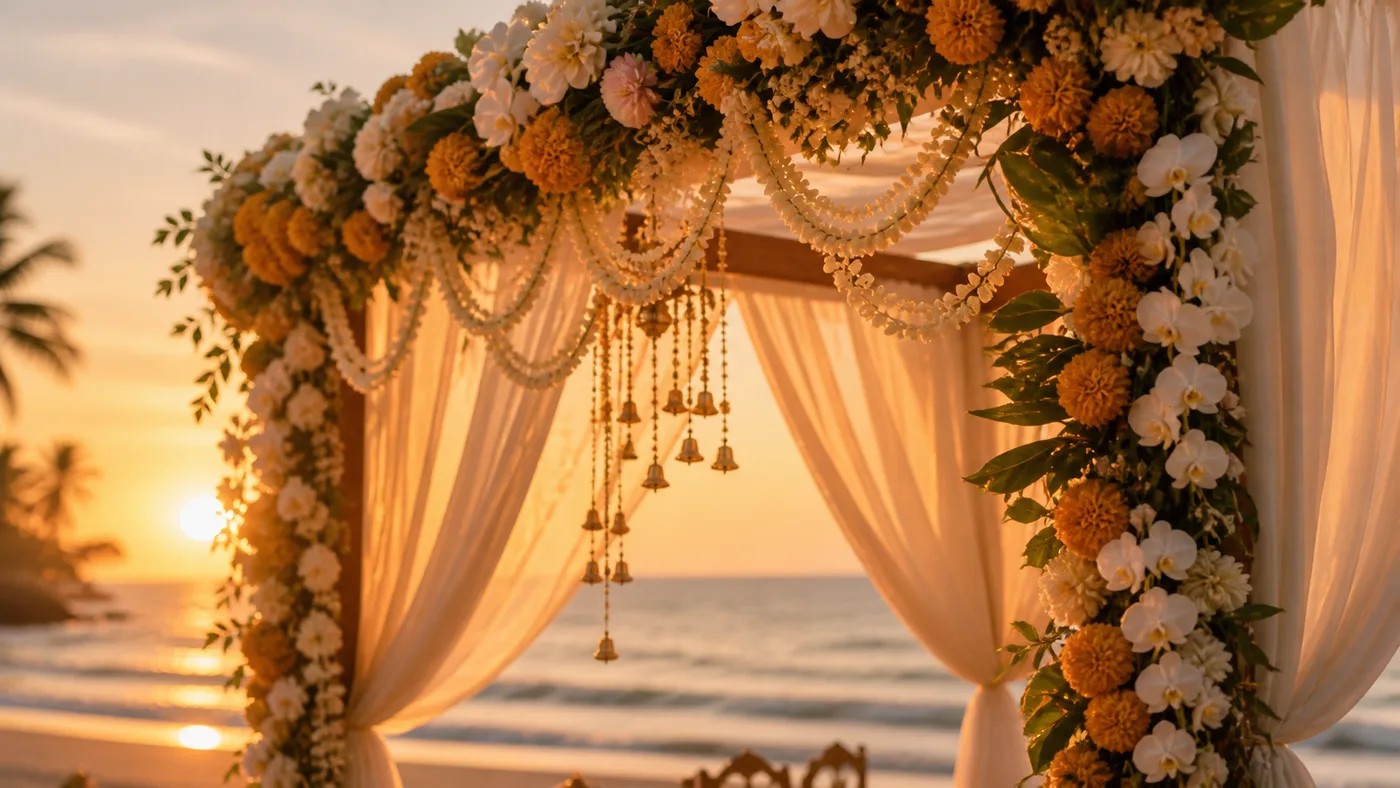 Indian beach wedding mandap at sunset on Bentota beach with floral arch and sea breeze