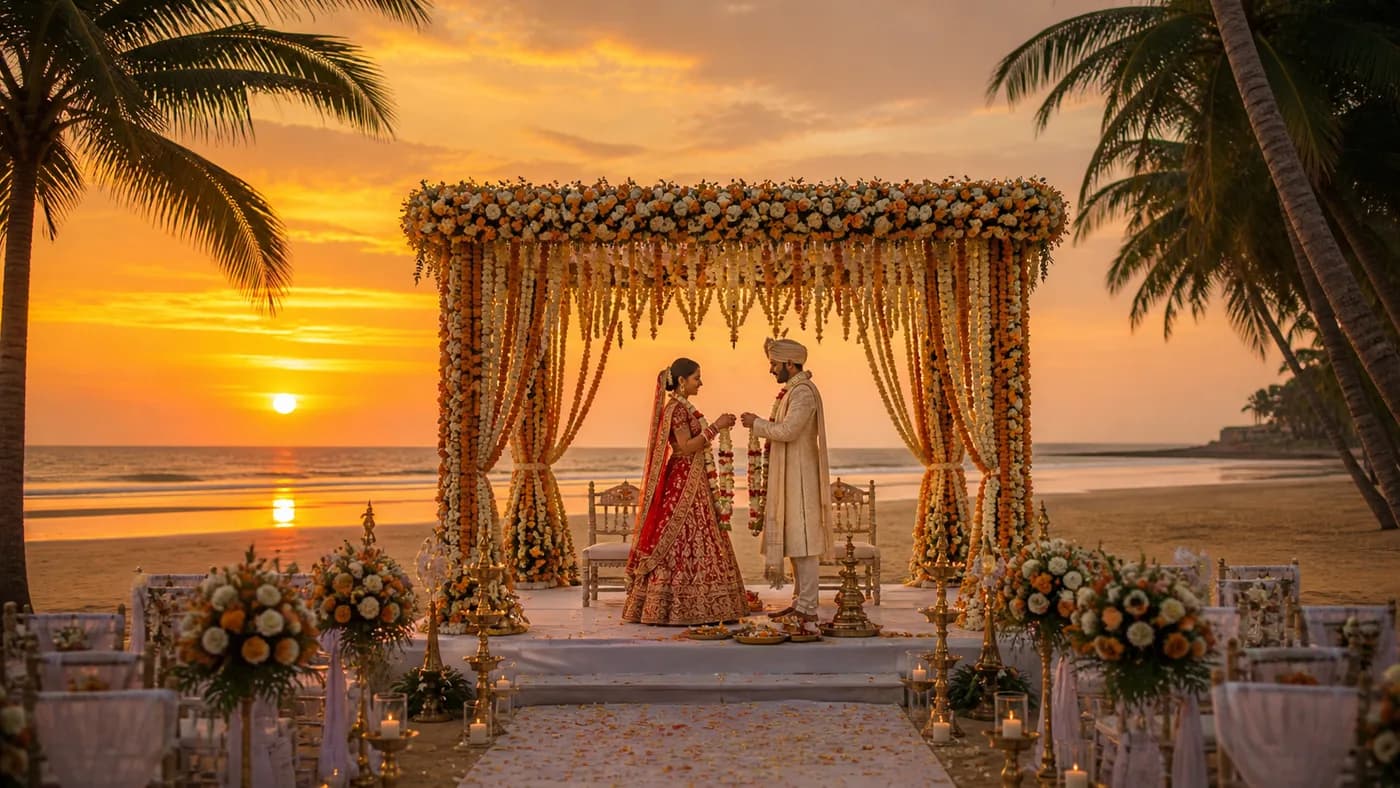 Indian wedding mandap on Bentota beach with palm trees and the Indian Ocean at sunset