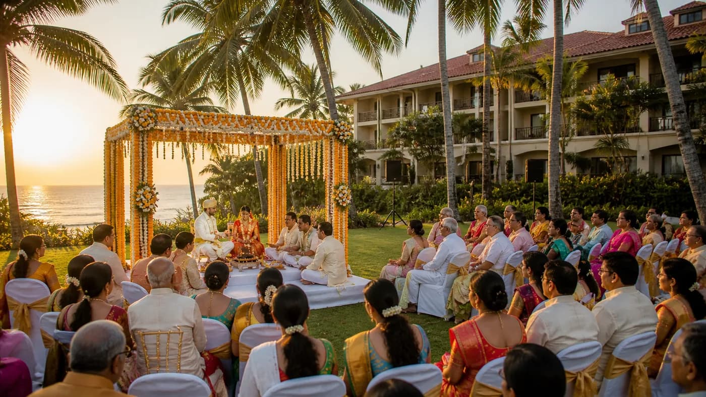Sri Lanka budget wedding at a Bentota beach resort with simple mandap and intimate Indian guest list