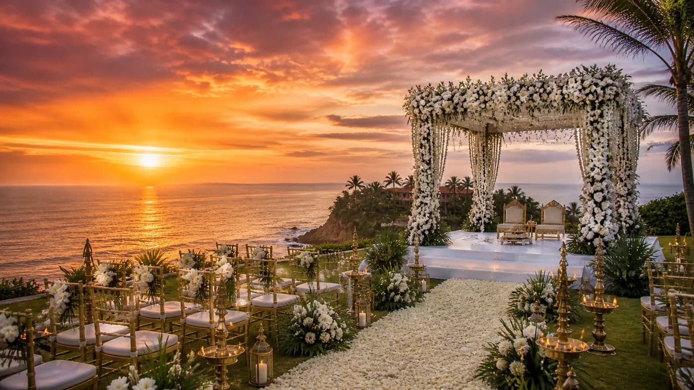 Cape Weligama clifftop wedding with Indian Ocean sunset and ceremonial mandap setup