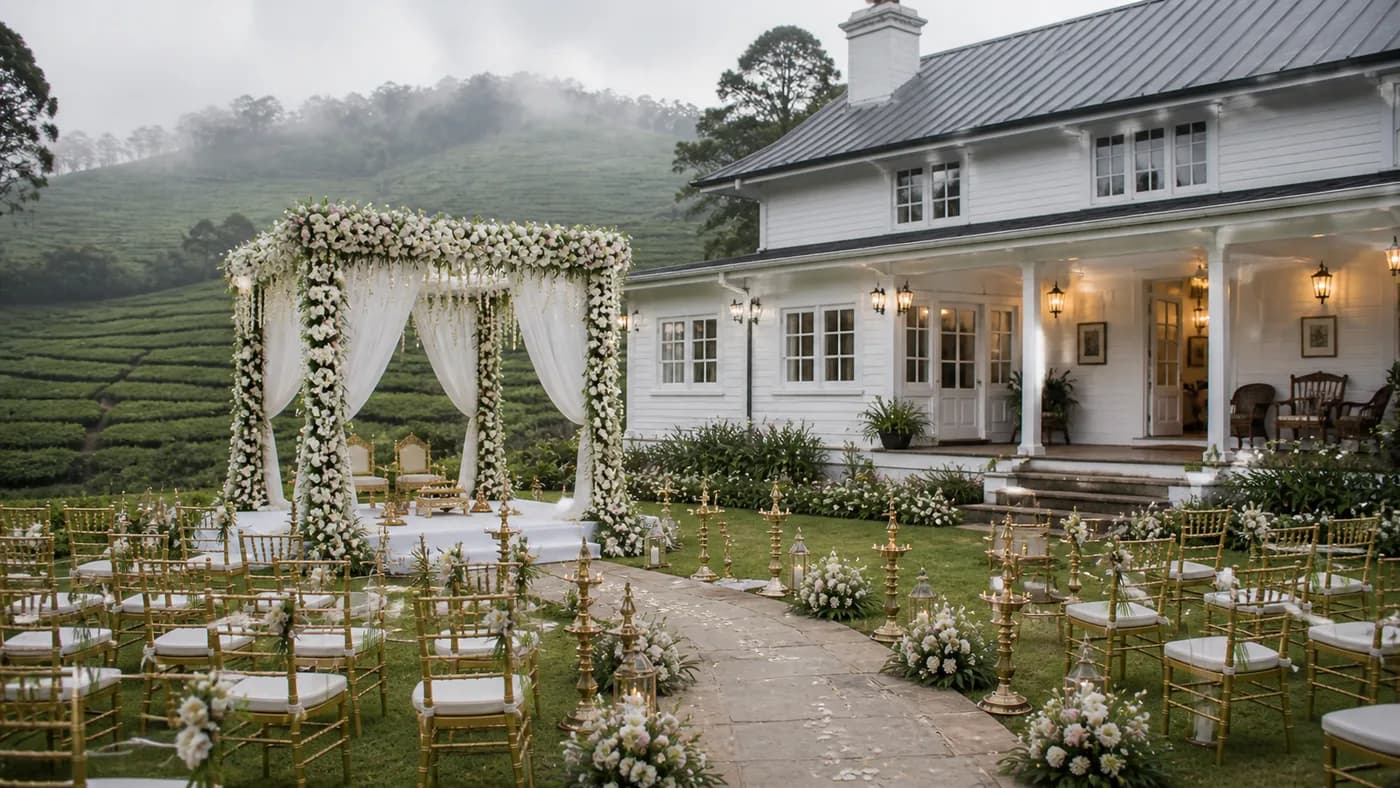 Ceylon Tea Trails colonial bungalow wedding ceremony in Sri Lanka hill country with mist over green tea fields