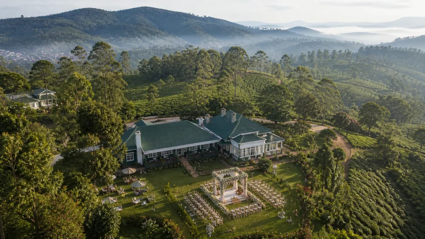 Mist-covered tea estate wedding setup at Ceylon Tea Trails Hatton with Indian floral mandap