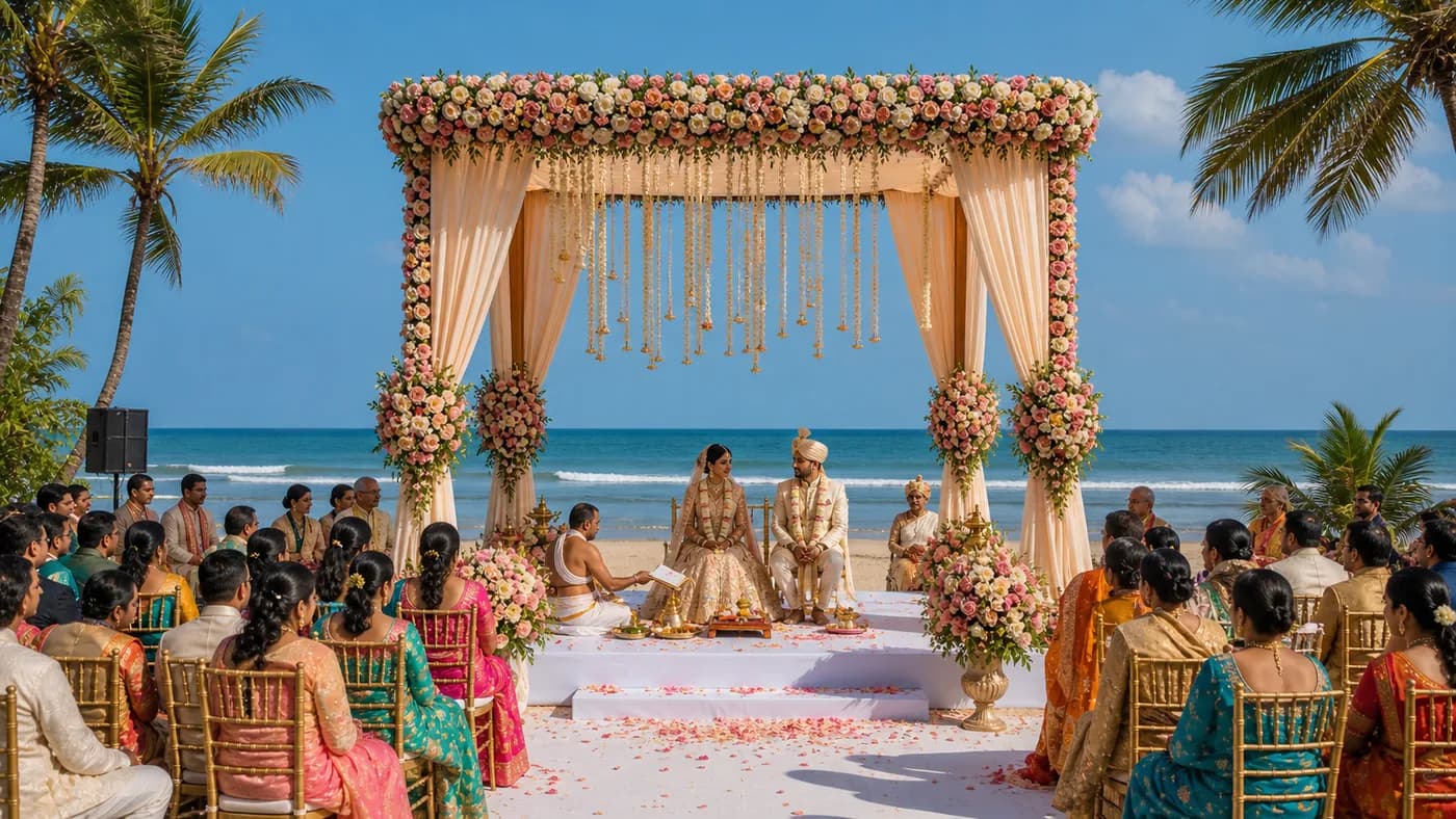 December peak season Indian wedding ceremony at Bentota beach with the Indian Ocean and palm trees in the background