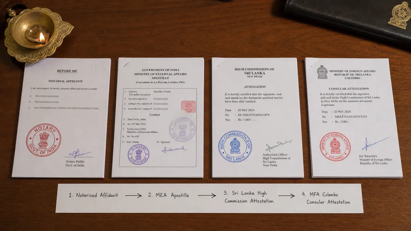 Sri Lanka document attestation chain flowchart showing notary to MEA to Sri Lankan High Commission to MFA Colombo