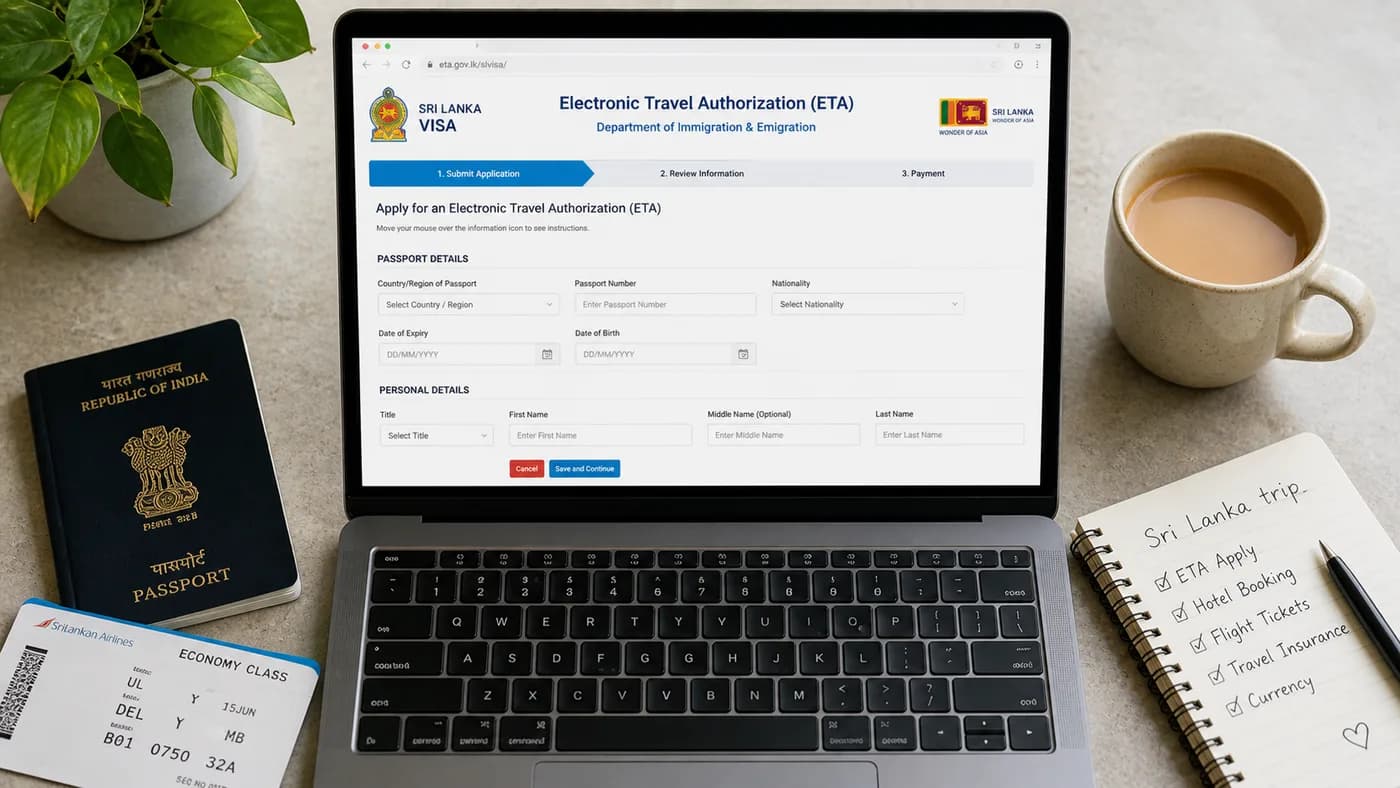 Sri Lanka ETA visa portal screenshot showing the application form for Indian travellers