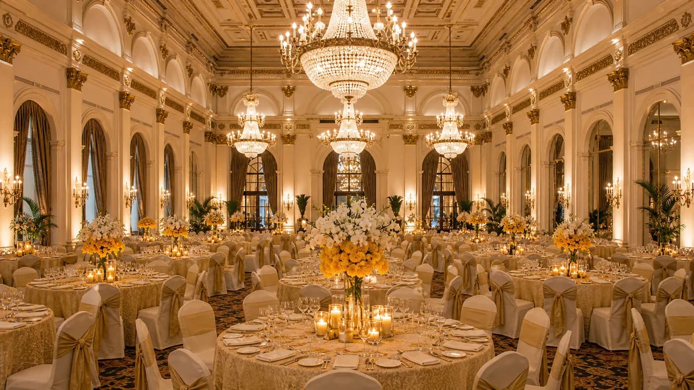 Galle Face Hotel Colombo wedding ballroom with chandeliers and round tables for 400 Indian wedding guests