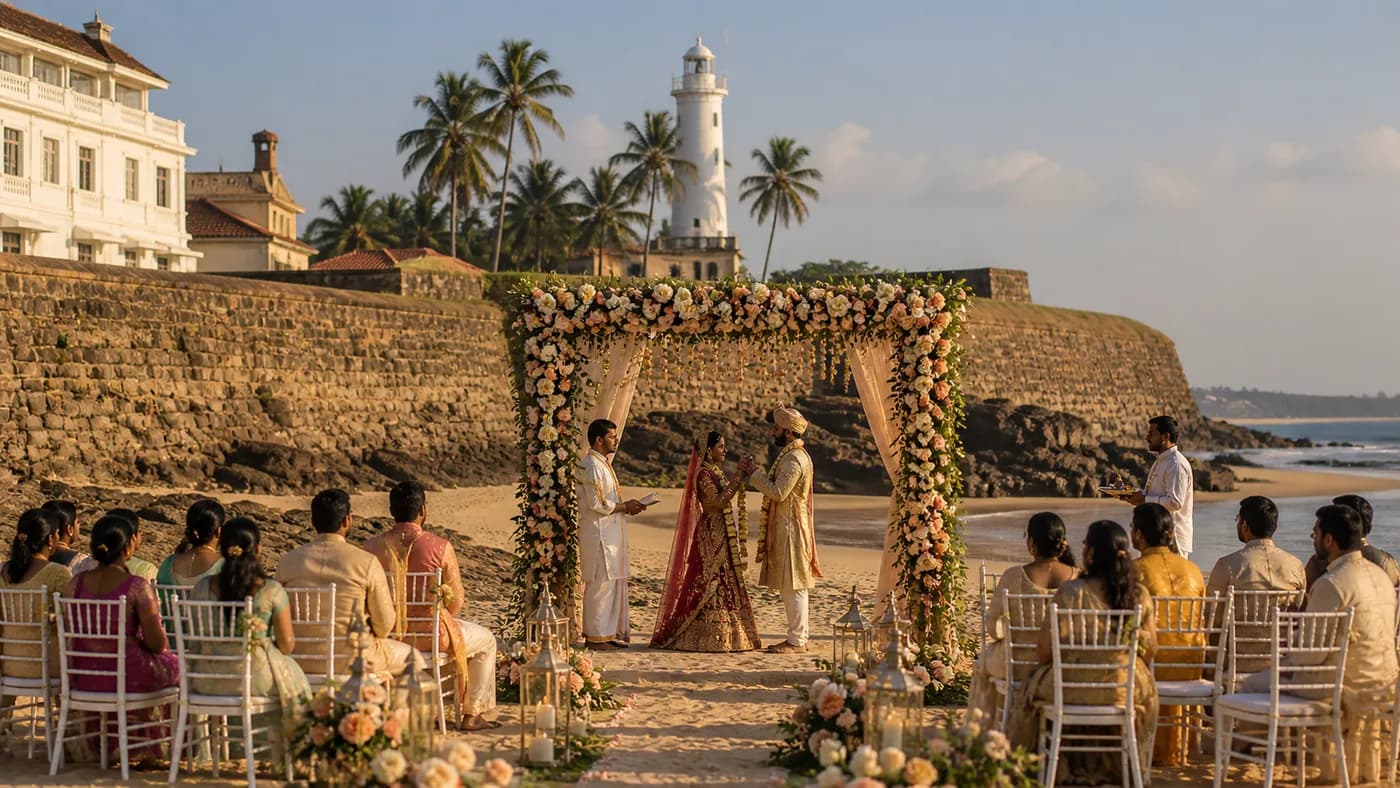 Indian wedding ceremony at Galle Fort with colonial Dutch architecture and the Indian Ocean backdrop