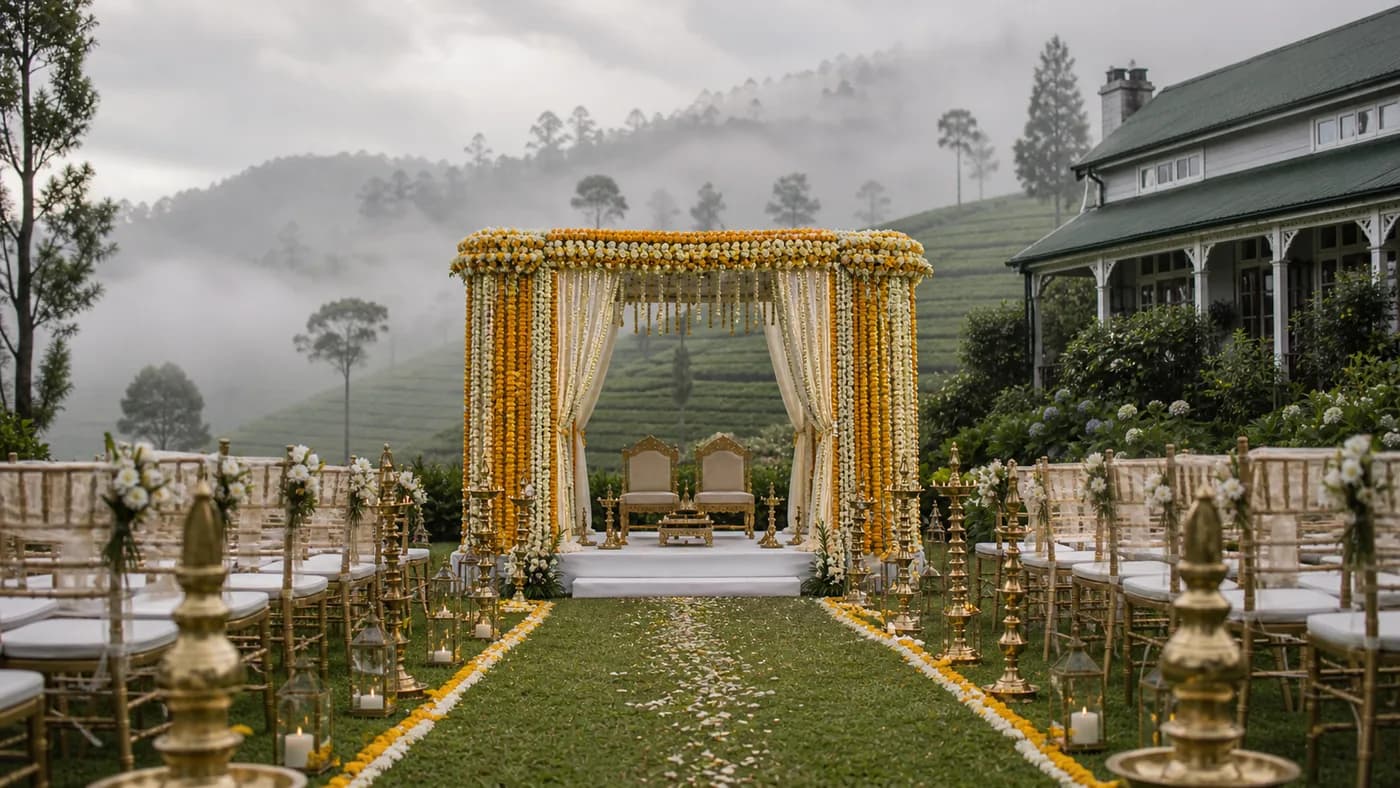Mist-covered tea estate wedding setup at Ceylon Tea Trails Hatton with Indian floral mandap