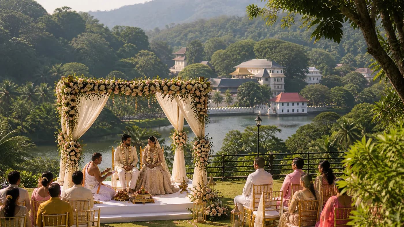 Kandy hilltop wedding with the Mahaweli river and Temple of the Tooth in the distance