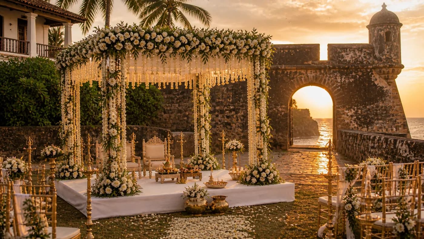 Sri Lanka luxury wedding at Galle Fort with colonial Dutch architecture and Indian wedding mandap