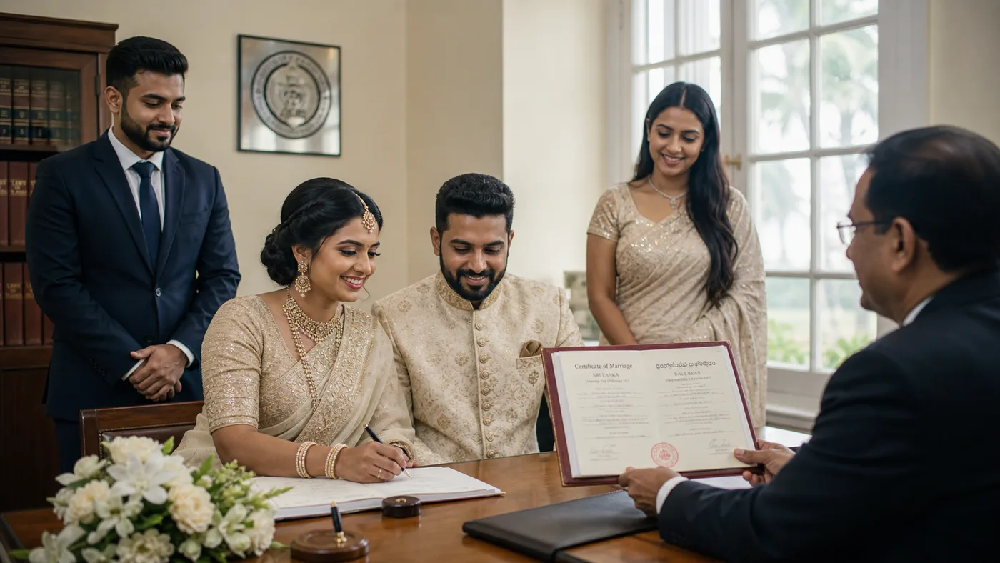Indian couple signing marriage certificate at Sri Lanka registrar office with witnesses