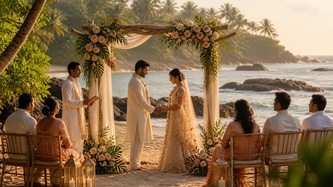 Indian intimate beach wedding ceremony at Mirissa with bride and groom in lighter fabrics
