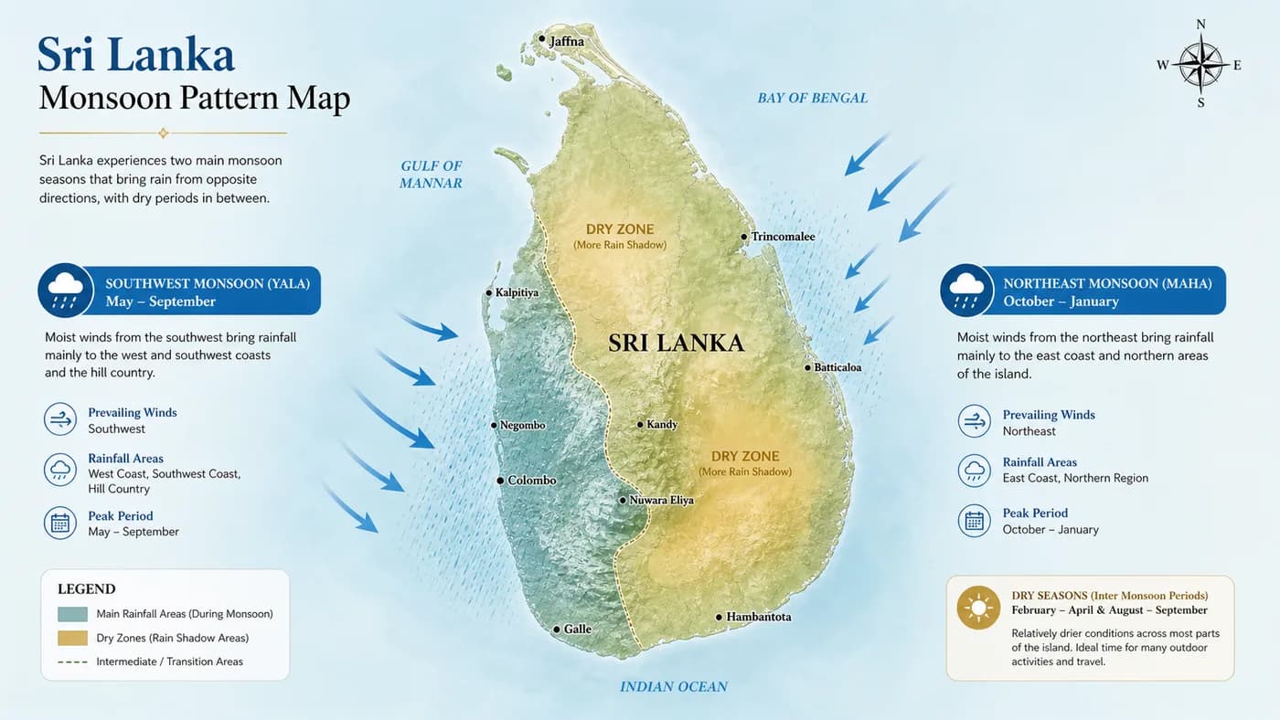 Sri Lanka monsoon pattern map showing the southwest Yala monsoon and northeast Maha monsoon arrows over the island