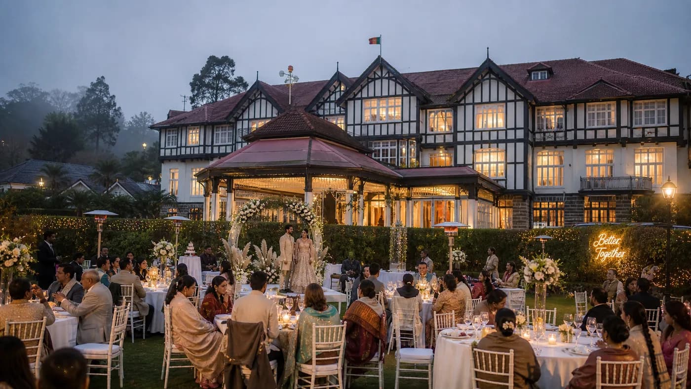 Grand Hotel Nuwara Eliya wedding reception lawn with Tudor-style colonial architecture in the background