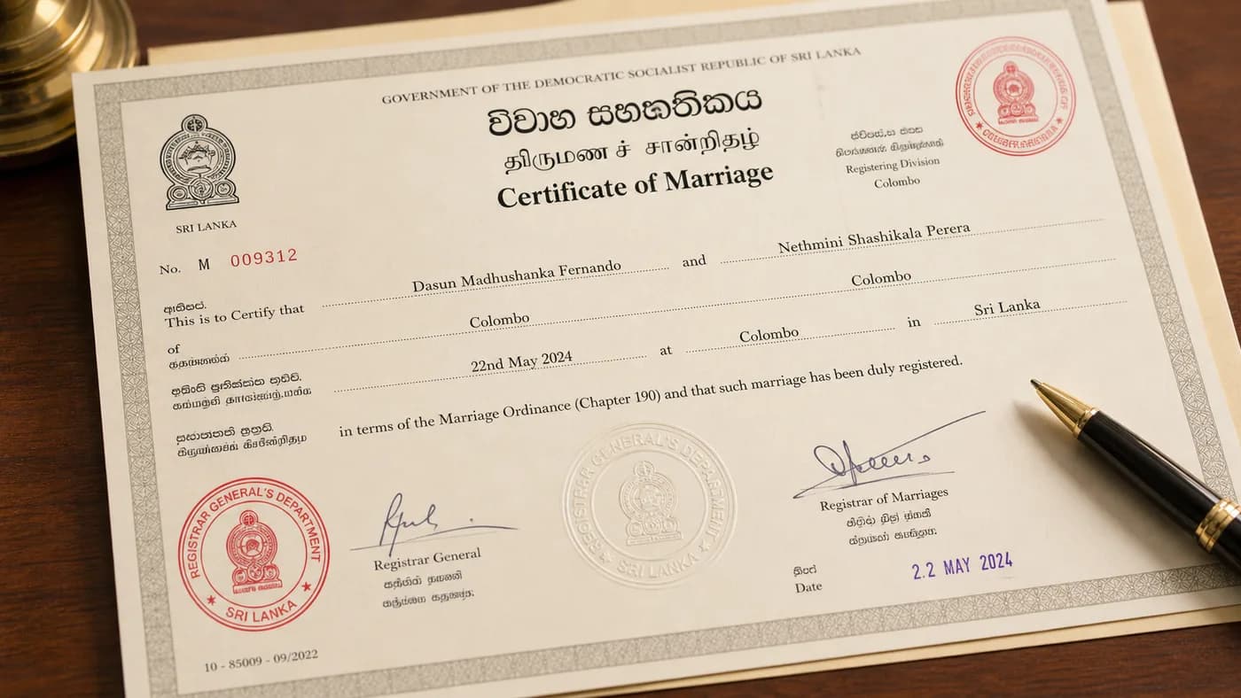 Sri Lanka registrar marriage certificate with bilingual Sinhala and English text and official seals
