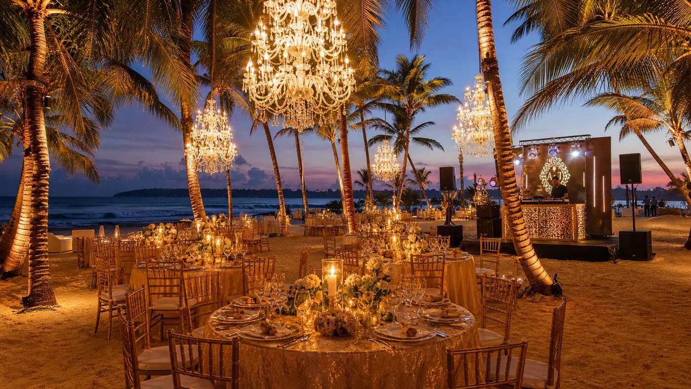 Indian luxury beach wedding reception at Tangalle with chandeliers and palm trees at dusk