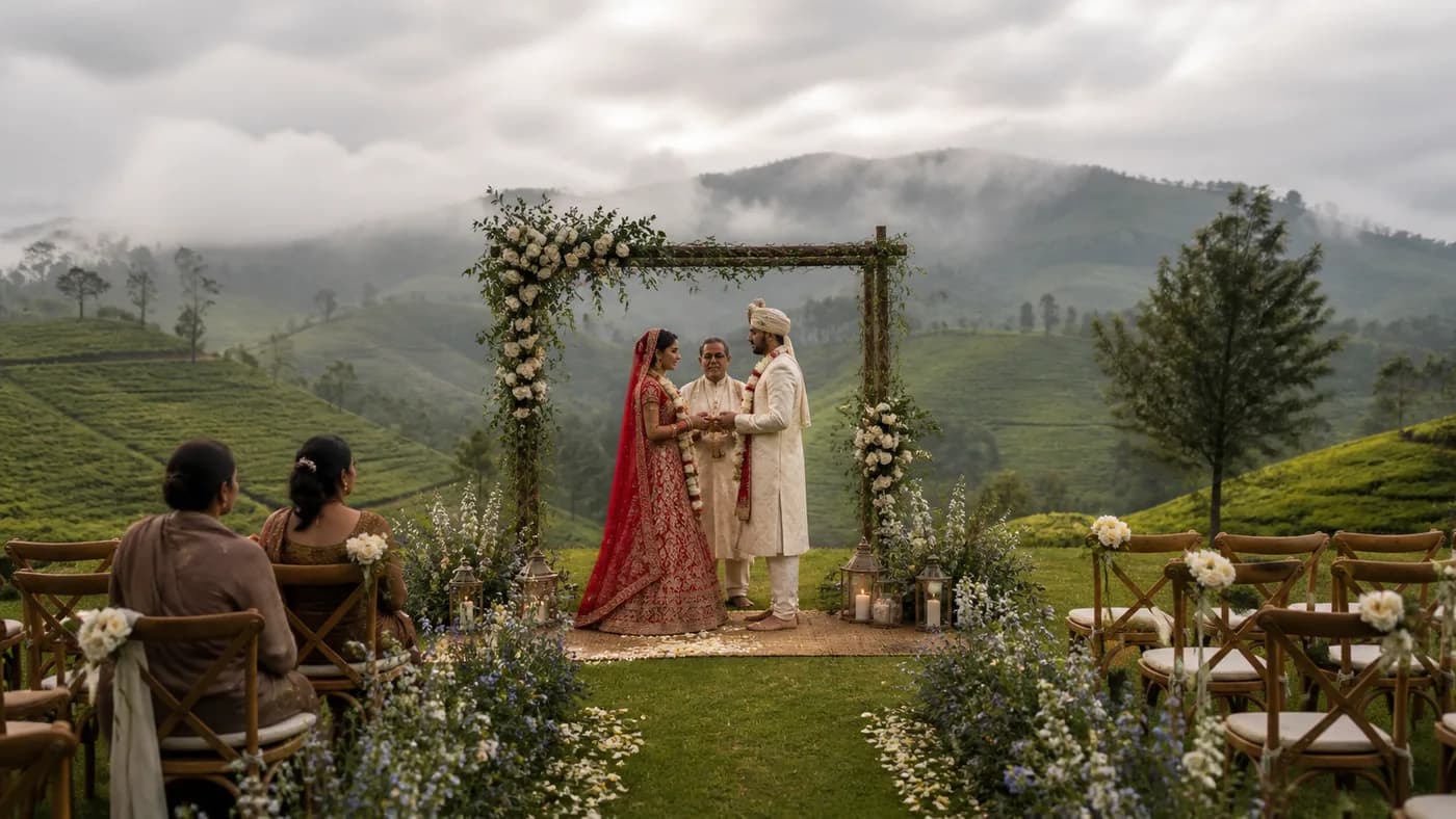 Tea estate wedding at Nuwara Eliya with mist over green hills and a couple in Indian wedding attire